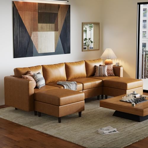 ABCASA 118.5' Oversized Modular Sectional Sofa, Faux Leather 6 Seater U Shaped Couch with Movable Ottoman and Storage Seat with Reversible Chaise Deep Seat for Living Room Brown