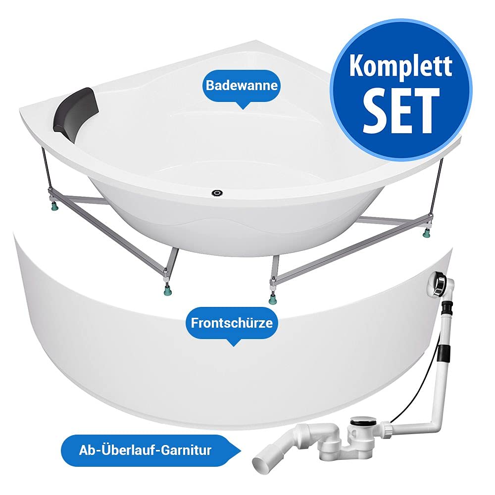 Badewanne 150x150 cm Eckbadewanne Komplettset inkl. Untergestell Ab-Überlauf Schürze Extra stabile Badewanne mit Wannenrandarmatur, LED und 2xNackenkissen Model: Koblenz