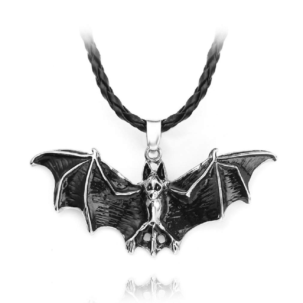 PikaLFGothic Bat Necklace for Men, Black Flying Bat Pendant Necklace with 21.65” Chain, Retro Vampire Bat Necklace, Halloween Bat Necklace, Leather Cord, Punk Animal Bat Jewelry Gift for Men Boys