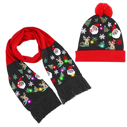 TAGVO Gorro y Bufanda con luz LED, Brillante Sombrero de Gorro