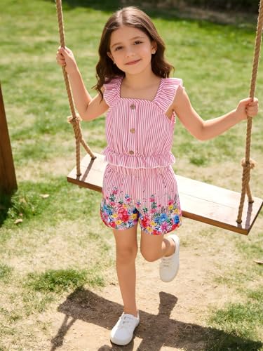 Image of Kids Toddler Girls Summer Clothes Button Design Striped Tank Top + Floral-Print Elastic Shorts 2 Piece Outfits