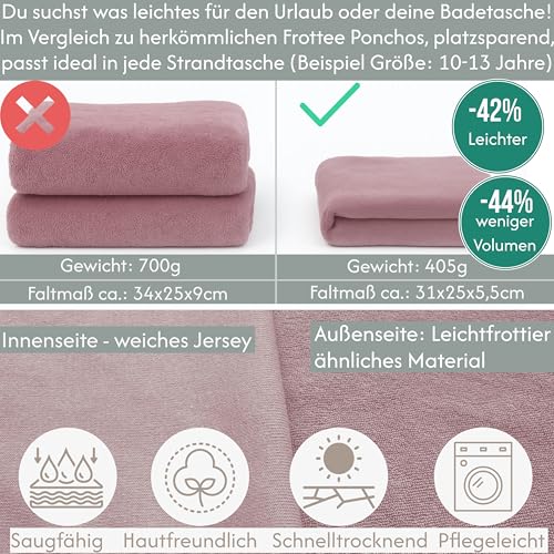 CalmyBEACH Leicht Frottee Badeponcho Kinder - Mädchen Jungen Baumwolle Poncho Handtuch Bademantel Badetuch Surf Strandponcho Kapuzenhandtuch 10-13 Jahre Altrose