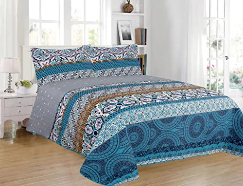 H HANSEL HOME Colcha Bouti Estampada Cama 140/150/160, 100% Microfibra Extra Suave, Cubrecama Fina, Colcha de Verano, Incluye 2 Fundas de cojín 50x70cm - Mandala Azul 250x260cm