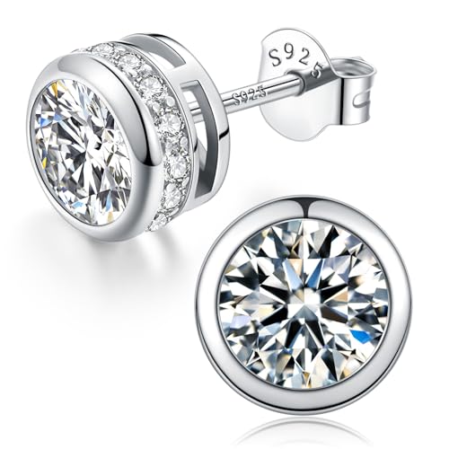 Moissanite Stud Earrings for Men, 2CT Lab Created 925 Sterling Silver Earring with Bezel Setting, Hypoallergenic Round Cut D Color VVS1 Studs with Hidden Halo Design, Jewelry Gift for Birthday