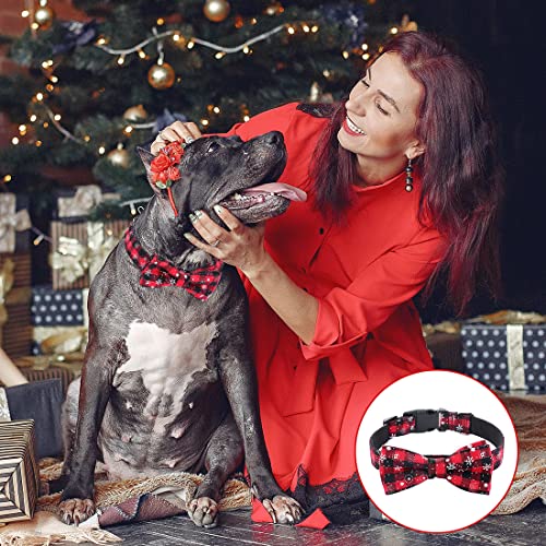 Weihnachten Halsband Hund Katze, Halsbänder mit Fliege Weihnachts Kariertes Kostüm Hundehalsband Abnehmbar Schleife, Rot Verstellbare Halsband Geschenk für Klein Mittlere Groß Hunde Katzen Welpen (S)