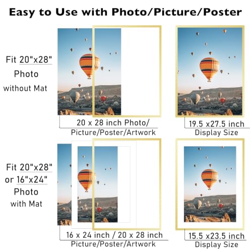 Image of JCJMY 20x28 Picture Frame with 16x24 Mat, Display Photo 16x24 with Mat or 20 x 28 Without Mat, Wall Hanging Large 20 by 28 Poster Frame with Plexiglass, Gold