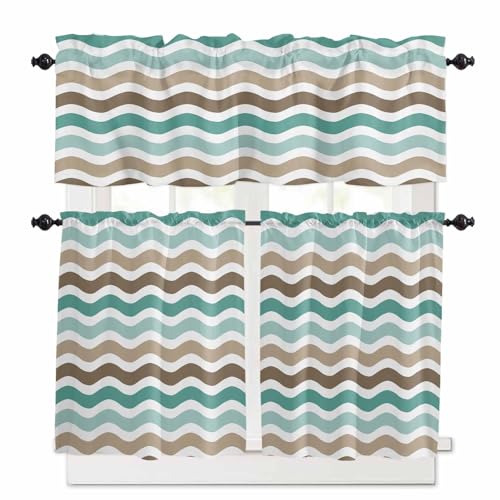 Teal Brown Ombre Kitchen Curtains 36 Inch Length,3 Piece Rod Pocket Small Half Tiers and Valance Set,Geometric Striped Water Ripple White Small Large Window Treatment Decor for Bedroom/Bathroom Sink
