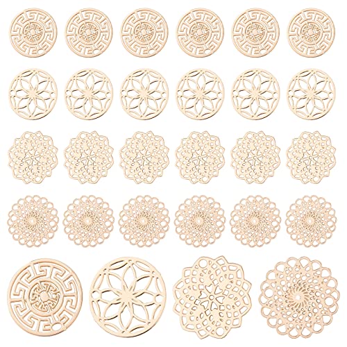 CHGCRAFT 96Pcs 4 Style Filigree Flat Round Connectors Flower Filigree Wrap Charms Brass Etched Metal Embellishments Long-Lasting Plated for Jewelry Making Diameter 13-13.5mm