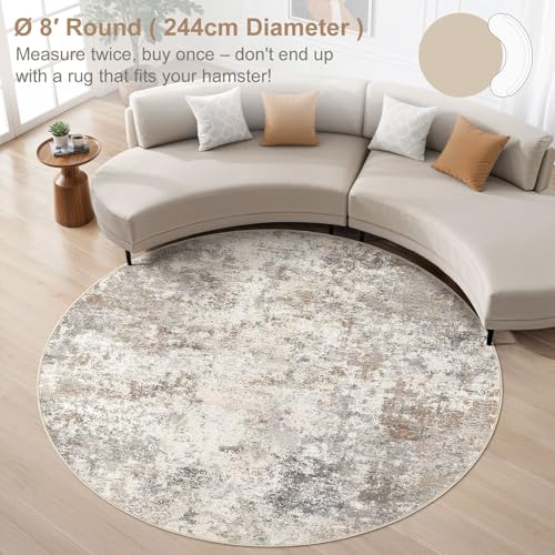 8ft Round Area Rug Living Room Rugs - 8x8 Washable Neutral Modern Abstract Soft Thin Rug Indoor Floor No Slip Rug Carpet for Bedroom Under Dining Table Home Office Decor - Brown Grey