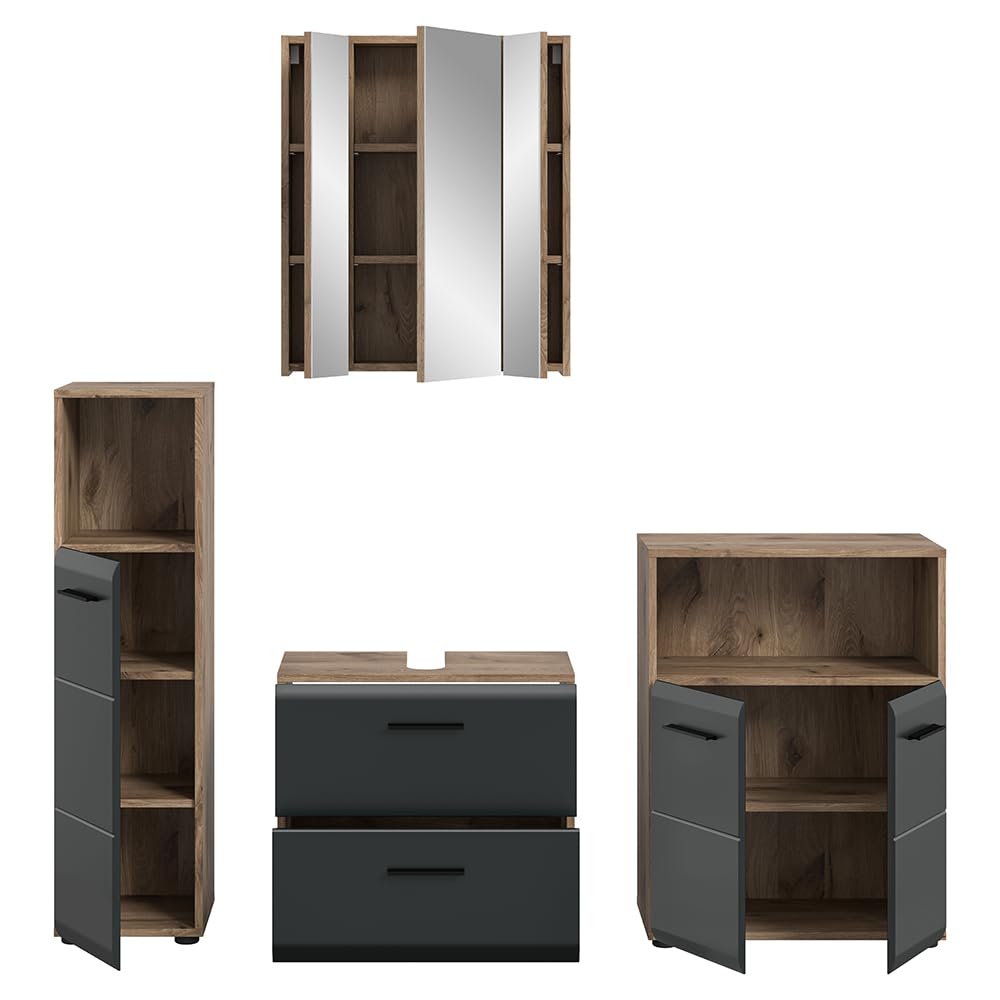 Lomadox Badezimmer Badmöbel-Set 4-teilig in Eiche mit schwarz matt, mit 1 Midischrank, 1 Unterschrank, 1 Spiegelschrank mit 3D-Funktion & 1 Waschbeckenschrank