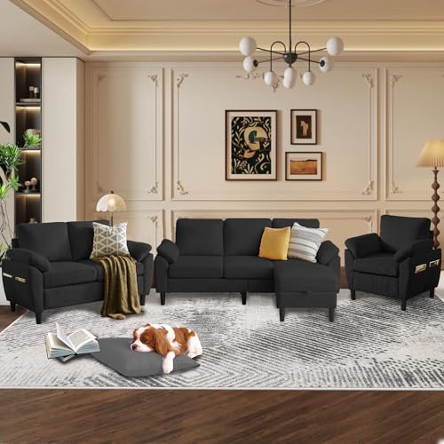 Image of 4 Piece Modern Corduroy Sofa Set, L-Shaped Sectional Couch with Storage Ottoman, Loveseat & Single Arm Chair, Side Storage Pockets, Removable Cushions for Living Room Apartment