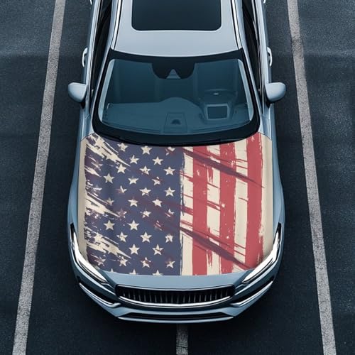 Image of Retro American Flag Car Hood Protector, Can be Washed Splash Abstract Art US Flag Automotive Exterior Accessories for Car Hood Decoration and Protection(3X5FT)