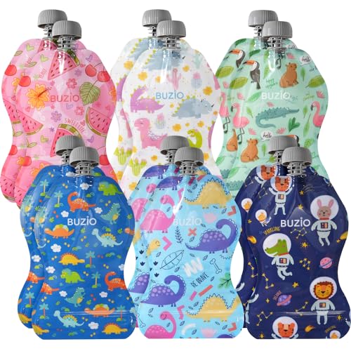 Image of BUZIO Reusable Pouches for Toddlers, 12 Packs 5oz Baby Food Pouches for Baby Food, Double Zipper Refillable Squeeze Pouches, BPA-Free, Food Safe for Organic Snack, Homemade Fruit Puree, Yogurt