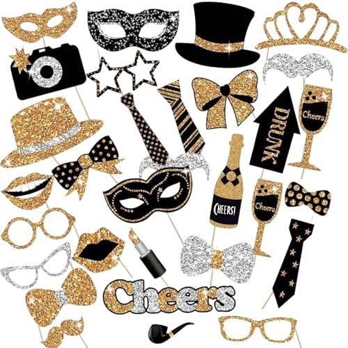 FAINCA 30 Piezas Accesorios Photocall Cumpleaños con 30 Palitos Photocall Boda Cinta Adhesiva de Doble Cara Fotocoll de Cumpleaños Impresión con Purpurina para Birthday Navidad Carnavales (Dorado)