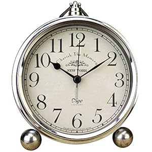 JUSTUP Vintage Table Clock, Iron European Style Desk Clock Battery Operated Non-Ticking Mantle Clock for Home Decor (Silver)
