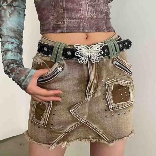 Image of Ursumy Women Denim Waist Belt Blue Jean Belt Butterfly Waist Belt Y2K Belt for Jeans Pants Ladies Cowgirls Cowboys Belt