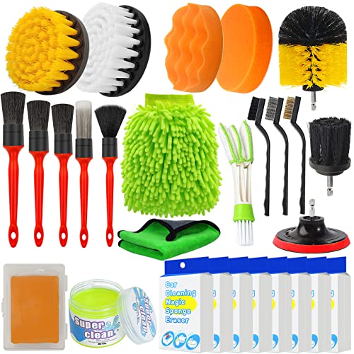 Yumzeco 28 in 1 Set de Limpieza para el Cuidado Llantas con Cepillos para Detalles del Auto,Set de Cuidado el Auto, Cepillo Destornillador Inalámbrico,Almohadilla Aplicadora Cera,Esponja Mágica