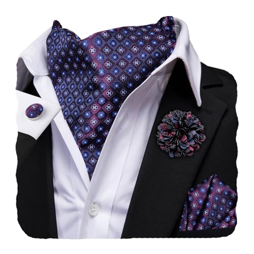 Image of Hi-Tie Silk Ascot for Men Self Tie Men's Cravat and Flower Lapel Pin Handkerchief Cufflinks Set for Wedding Party