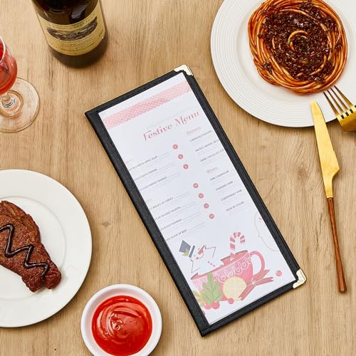 Image of Ziliny 10 Pcs 4.5 x 11 in Transparent Restaurant Menu Covers, Clear Covers | With Metal Corners, Clear PVC Sleeves, Black Folder Menu Book, 2 Page 4 View, For Wine Drinks Coffee Bars Restaurant