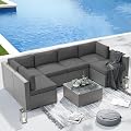 SUNCROWN 7-Piece Outdoor Patio Furniture Set All-Weather Outdoor Sectional Sofa Grey Wicker Conversation Sofa Set with Coffee Table and Cushions,Dark Grey