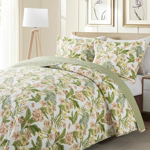NEWLAKE Cotton Bedspread Quilt Sets - Reversible Patchwork Coverlet Set, Green/Pink Floral Pattern, Queen Size