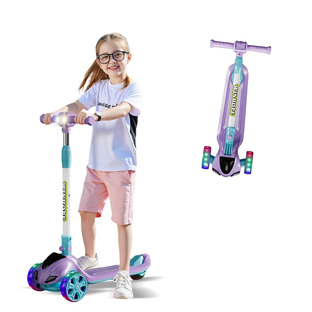 3-Wheel Foldable Kick Scooter for Kids, 4 Adjustable Height Toddler Scooter with LED Lighted Wheels, Lean-to-Steer Design& Wider Anti-Slip Deck for
