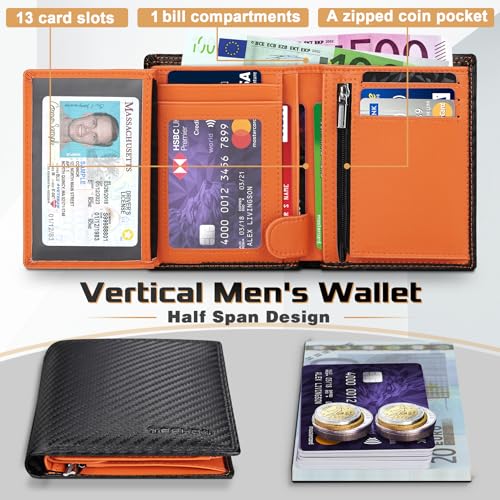 Wallets RFID Blocking Carbon Fibre Leather Mens Wallets with Zip Coin Pocket, 11 Card Holders, 2 ID Windows, 2 Banknote Compartments, Trifold Vertical, Black Orange, Black & Orange, 12.5 x10.5