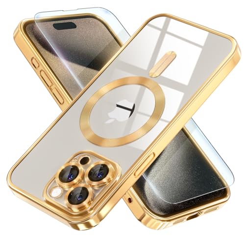 Misea Magnetic for iPhone 15 Pro Max Case with MagSafe [Never Yellowing] [Military Grade Drop Protection] Full Camera Lens Protector Plating Soft Clear Phone Case for Women Girls, Gold