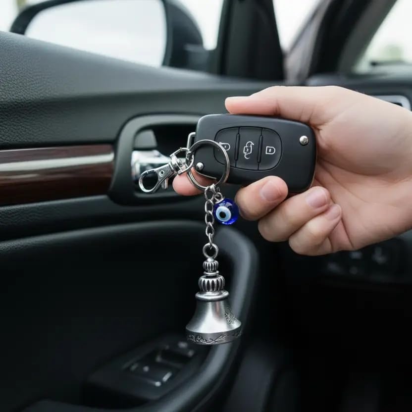 Image of Techpro Guardian Bell KeyChain Tibetan Key Chain Good Luck Key Chain For Bike (Silver Bell With Evil Eye)