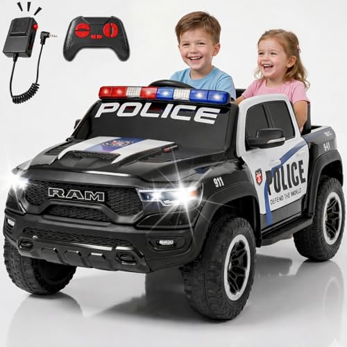 Image of 24V Licensed Dodge RAM Police Ride On Truck, 4WD Quad Motor Kids Electric Car with Parent Remote Control, 2-Seater Safe Ride On Vehicle, Bluetooth Music Emergency Light, Birthday Gift for 3-8