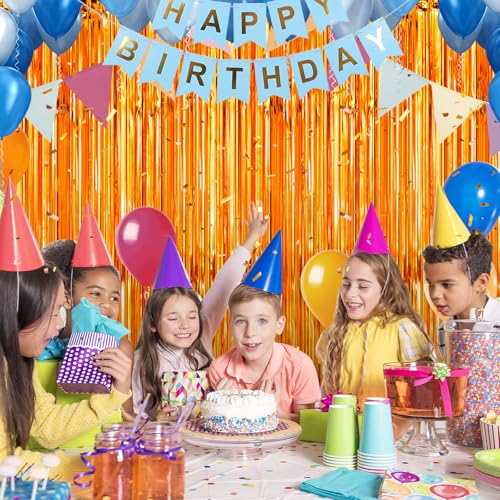 Image of 4 Pack Orange Foil Fringe Curtains Streamers Party Decorations 3.3 x 8.2 ft, Blue Tinsel Curtain Fringe Backdrop for Parties, Door Fringe Birthday Streamers, Photo Booth Backdrops, Party Decor