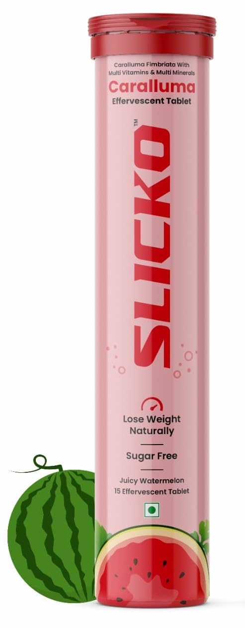 Slicko Caralluma Fimbriata Effervescent Tablets - For Organic Weight Loss, Endurance, Energy Boost With Multivitamin & Minerals | 100% Sugar Free| For Men and Women | (15 TABS)