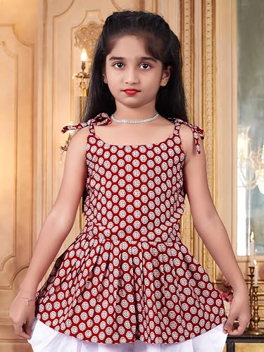 Image of Girls Ethnic Printed Peplum Top and White Dhoti Pant Set | Stylish Sleeveless Kurti with Comfortable Bottom | Traditional Festive Outfit for Kids