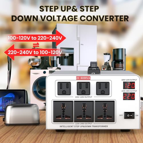 Image of 6000W Heavy Duty Voltage Converter Transformer - Step Up 110V to 220V & Step Down 220V to 110V, Auto Input Recognition, 3 US & 3 Universal Outlets, LCD Display, Circuit Breaker for Travel & Home