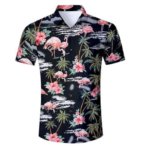 Preisvergleich Produktbild AIDEAONE Herren Hawaii Flamingo Blumen Hemd Kurzarm Hemden Strandkleidung Schwarz