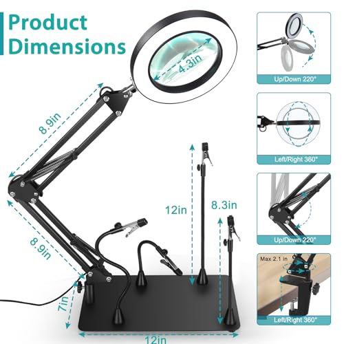 Helping Hands Soldering Station, 10X Magnifying Glass with Light and stand with 4 Magnetic Third Hand Soldering Tool, PCB Holder Magnifier Desk Lamp for Soldering Repairing Jewelry Crafts - Image 4