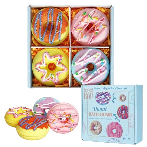 KAV Donut Bath Bombs Gift Set – 4 Piece Handmade Organic Bath Bomb Kit with Essential Oils – Relaxation Spa Gift for Women, Men, Teens, Kids – Self Care & Aromatherapy Soak