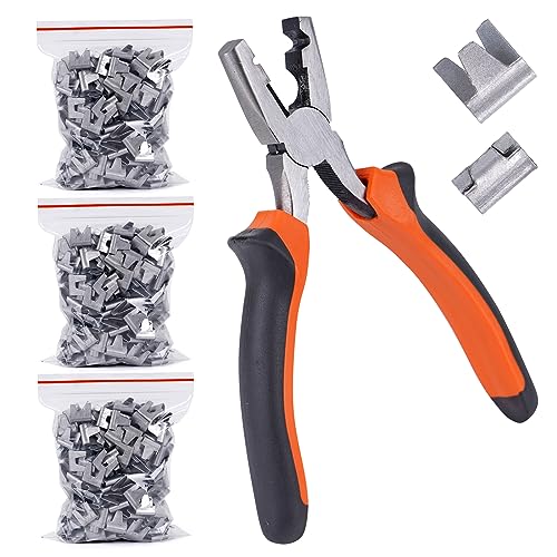 Image of Wire Cage Buckle Pliers with 900 Wire Cage Clips Wire Cage Fasten Clips Hog Ring Pliers for Chicken Cages Rabbit Hutches Pet Cages (orange)