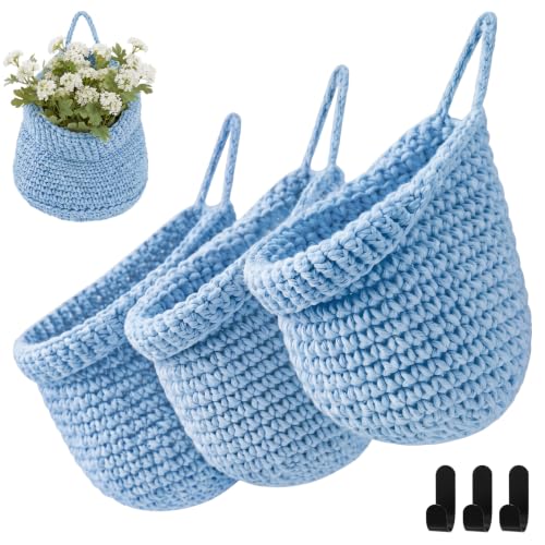Image of Honeydak 3 Hanging Baskets, Light Blue, Barrel, Cotton Rope