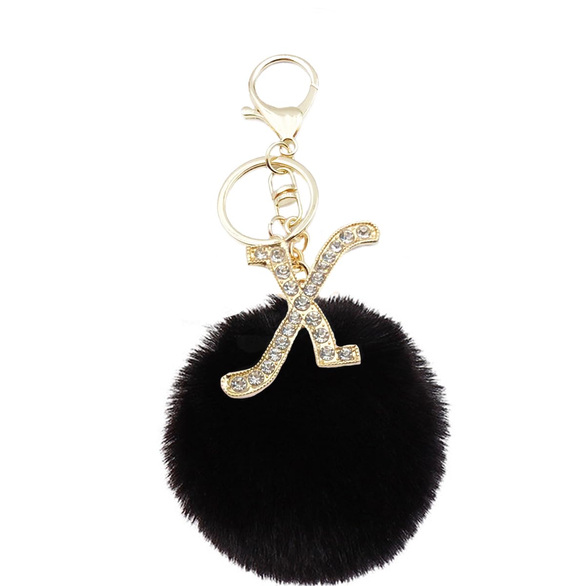 Unpafcxddyig Pom Pom Keychain Artificial Fur Ball Black Rhinestone Alphabet Letter Key Rings for Car Charm Tote Pendant