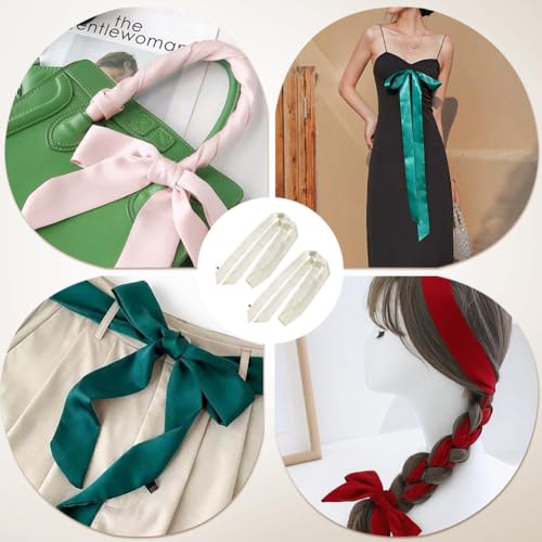 GORGECRAFT 2PCS 57.59×1.97 Inch Polyester Solid Color Long Neckerchief Silk Skinny Satin Scarf Handbag Handle Wrap Ribbon Necktie Scarf Belt Hair Headband for Women Lady (Floral White) 7