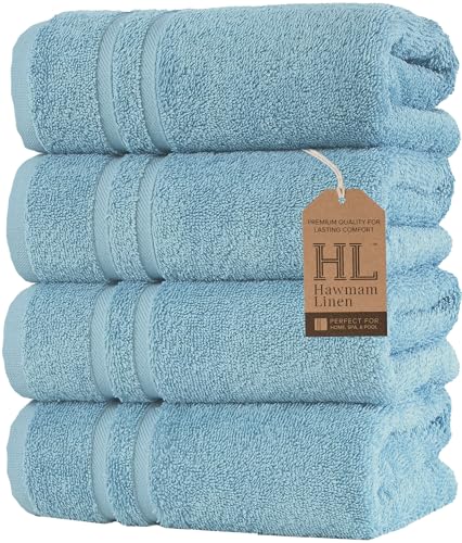 Image of Hawmam Linen Light Blue Hand Towels 4 Pack Turkish Cotton Premium Quality Soft and Absorbent Small Towels for Bathroom