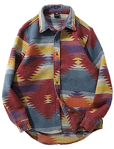 Image of FindThy Men's Brushed Flannel Shirts Ethnic Aztec Print Button Up Lapel Tribal Shirt Jacket Shacket