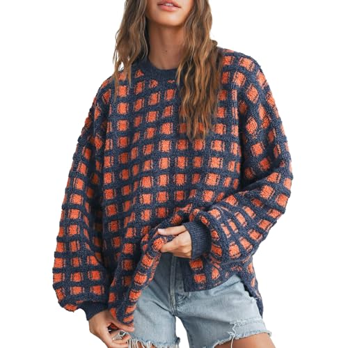 Checkered Sweaters for Women Long Sleeve Crew Neck Knit Sweater Top Plaid Pullover Fall Vintage Gingham Knitwear