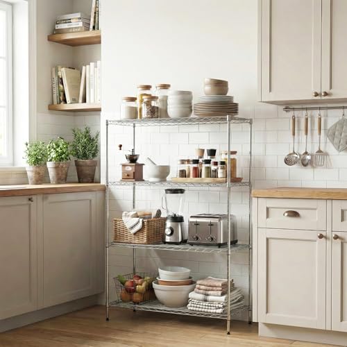 Image of BestOffice 4-Tier Wire Shelving Unit, 1000 LBS Heavy Duty Metal Storage Shelves, Adjustable Wire Shelf for Garage, Kitchen, Pantry, Utility Shelving Rack with Leveling Feet, Chrome