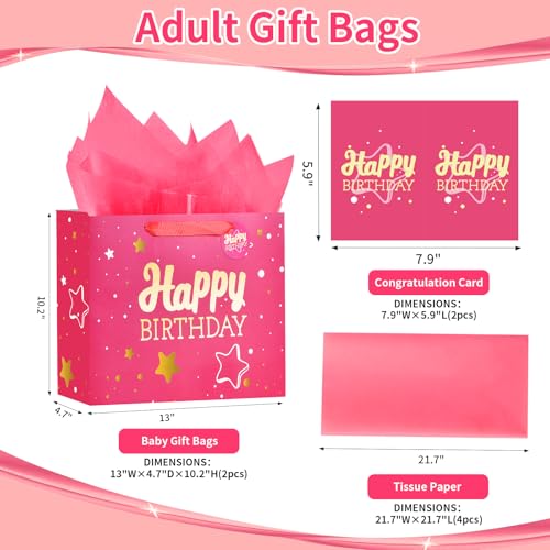 Image of Powbrace 13 inch Pink Happy Birthday Gift Bag with Tissue Paper and Greeting Card for Party,Happy Birthday Gift Bag for Men Women,Gift Bags Medium size(2 PCS Pink Hot Stamping)