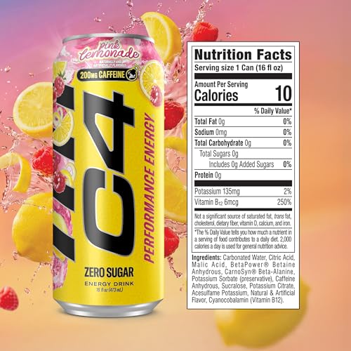 Image of C4 Performance Energy Drink, Pink Lemonade - Zero Sugar Carbonated Pre-Workout Energy, 200mg Caffeine with Beta Alanine, 16 Fl Oz Cans (12 Pack)