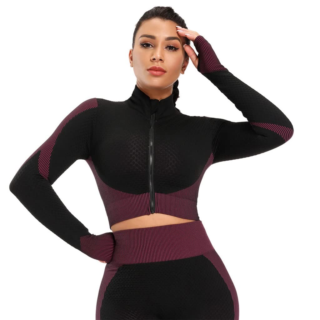 HSQMA Chemise D'entraînement À Manches Longues sans Couture pour Femme Athletic Top avec Trou pour Le Pouce，Course À Pied T-Shirt À Manches Longues Fermeture Éclair Sport Yoga Chemise
