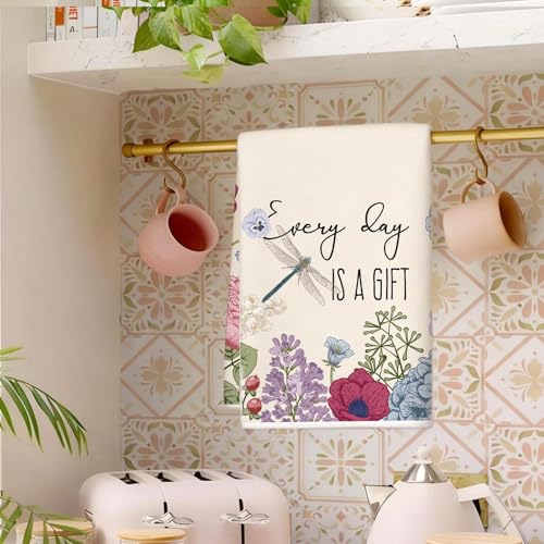 Image of Summer Vintage Floral Kitchen Towels, Dragonflies Dish Towels Set of 2, Spring Retro Hydrangeas 18 x 26 Inch Hand Towel Quick Drying Dishcloth Decor for Kitchen Bathroom Home