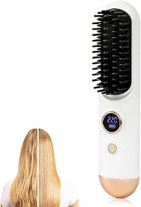 Cordless Travel Hair Straightener Brush, Mini Portable Flat Iron Comb for Women, 9 Adjustable Heat Settings Fast Heating for Short Hair & All Hair Types（Beige)